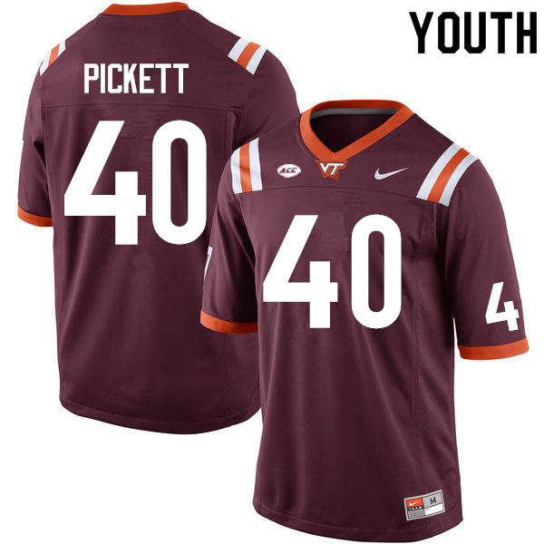 Youth #40 Cole Pickett Virginia Tech Hokies College Football Jerseys Sale-Maroon